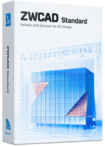 Software box cover for ZWCAD Standard CAD software with blue 3D cube design and 'Reliable CAD Solution for 2D Design' tagline on a white background