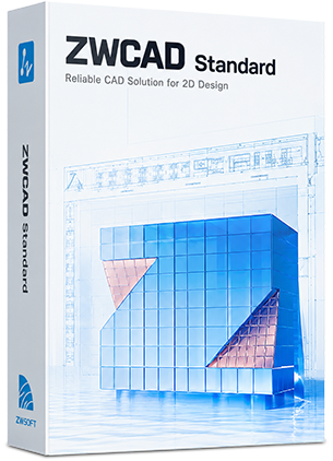 Software box cover for ZWCAD Standard CAD software with blue 3D cube design and 'Reliable CAD Solution for 2D Design' tagline on a white background