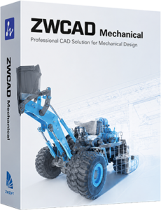 Box cover for ZWCAD Mechanical software, showing a blue construction vehicle model and engineering blueprint background.