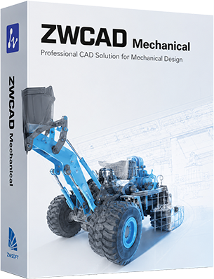 Box cover for ZWCAD Mechanical software, showing a blue construction vehicle model and engineering blueprint background.