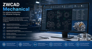 ZWCAD Mechanical promotional banner: widescreen monitor shows detailed CAD drawings and a 3D gear, with German feature bullets on the left.