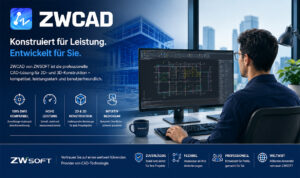 ZWCAD hero banner with a man at a desk viewing CAD software on a large monitor; German headline promotes speed and usability.