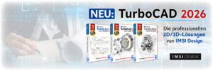 Promo banner for TurboCAD 2026 showing three software boxes and IMSI Design logo.
