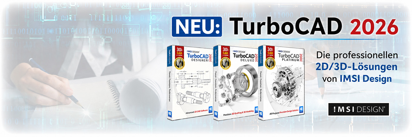 Promo banner for TurboCAD 2026 showing three software boxes and IMSI Design logo.