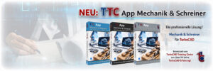 Promotional banner for 'NEU: TTC App Mechanik & Schreiner'; shows three software boxes and branding.