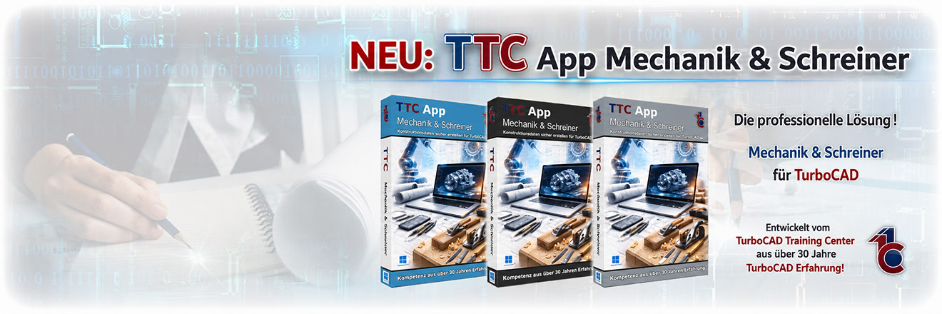 Promotional banner for 'NEU: TTC App Mechanik & Schreiner'; shows three software boxes and branding.