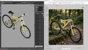 Split-screen: left shows a yellow mountain bike rendered in Blender, right shows a real yellow mountain bike photo in a forest.