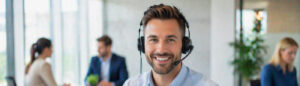 Smiling man wearing a headset in a bright open-office with coworkers blurred in the background.