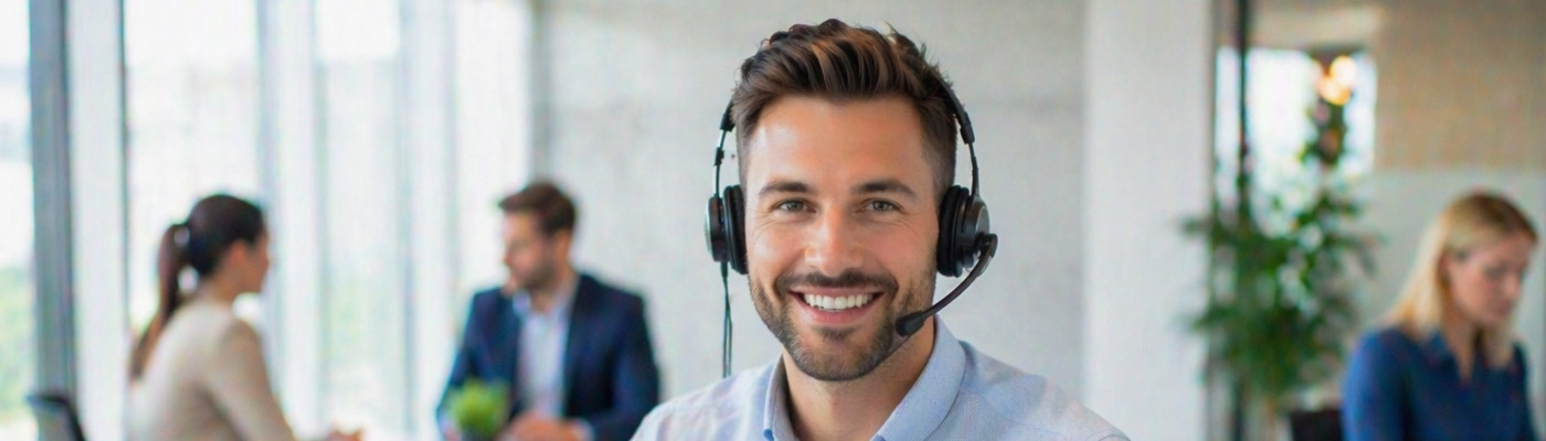 Smiling man wearing a headset in a bright open-office with coworkers blurred in the background.