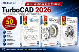 TurboCAD 2026 advertisement with three product boxes, blue background, and a red badge reading 'Neue Version Verfügbar'.