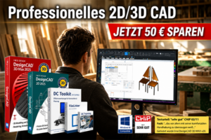 Werbebanner für professionelles 2D/3D CAD: Mann am PC, Monitor zeigt CAD-Entwurf, Text: Jetzt 50 € sparen.