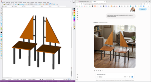 Left: 3D CAD model of two wooden chairs with orange triangular backs; right: chat thread showing a photo of the chairs in a living room.