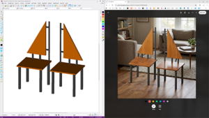 Two wooden chairs with triangular orange backrests shown as a CAD render on the left and a real-photo mockup of the same chairs in a living room on the right.