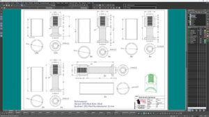 Technical drawing sheet showing multiple dimensioned views of mechanical parts (circles, rings, and rectangular blocks) in a CAD program, with a title block and measurement notes visible at the bottom.