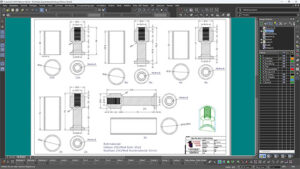 Screenshot of CAD software displaying a technical blueprint with multiple views of mechanical parts and dimension lines, in a white workspace with toolbars.
