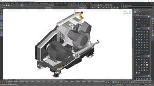 3D CAD rendering of an industrial machine with a large motor and cylindrical components on a base, shown inside a CAD software workspace.