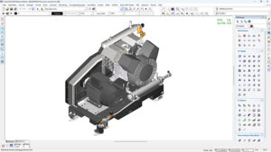 3D CAD render of a diesel generator set on a skid, showing engine, alternator, and cooling system in an isometric view.