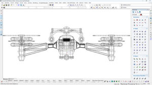 Wireframe CAD drawing of a multi-rotor drone with a central fuselage and long rotor arms extending left and right
