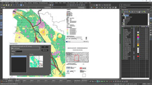 Screenshot of a GIS desktop app with a color-coded map, layer list on the right, and an export settings window overlapping the map.