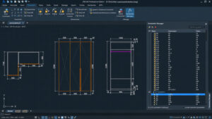 AutoCAD-style wardrobe design showing front and side views with millimeter dimensions; Parameters Manager panel open on the right.
