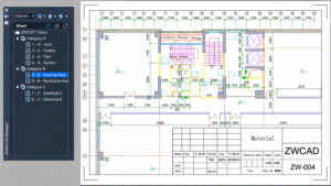 CAD floor plan in ZWCAD with labeled rooms and dimensions, and a left Sheet Manager panel showing categories and drawings.