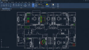 2D AutoCAD floor plan of an office layout with highlighted checkmarks and crosses indicating status or approvals of rooms and furniture