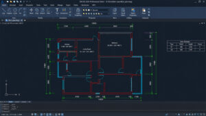 AutoCAD floor plan showing a multi-room layout with labeled rooms (Kitchen, Living Room, Bedroom), wall outlines, doors, and dimension lines.