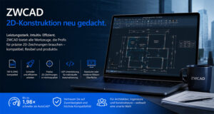 ZWCAD advertisement banner: dark blue background, large white 'ZWCAD' and blue '2D-Konstruktion neu gedacht.' text, left column lists benefits, row of icons, right side laptop with architectural floor plan on screen, ZWCAD mug and notebook, bottom blue strip with quick facts about speed and reliability.