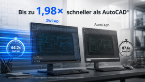 Advertisement showing two CAD workstations with blueprints; German text claims 'Bis zu 1,98x schneller als AutoCAD' (faster than AutoCAD) with ZWCAD vs AutoCAD gauges and stopwatch visuals.