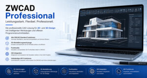 ZWCAD Professional ad: left text with features; right shows a laptop displaying a modern building CAD model.