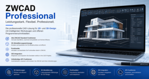 ZWCAD Professional Anzeige: Laptop zeigt ein 3D-Gebäudemodell, links Erläuterung der Funktionen im Textlayout.