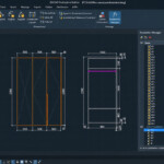 AutoCAD-style wardrobe design showing front and side views with millimeter dimensions; Parameters Manager panel open on the right.