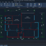 AutoCAD floor plan showing a multi-room layout with labeled rooms (Kitchen, Living Room, Bedroom), wall outlines, doors, and dimension lines.